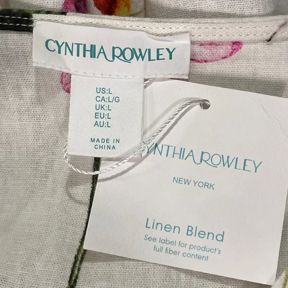 CYNTHIA ROWLEY NWT "Botanical" Sht Sleeve Linen Blend Mini Dress, Ivory/Multi L - Picture 11 of 12